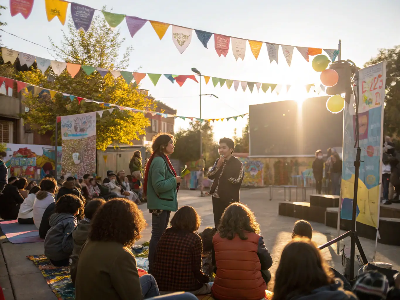 A dynamic image of a community event celebrating entrepreneurial success, with young entrepreneurs pitching their ideas and receiving awards, symbolizing the 'Thriving' Ecosystem Archetype.