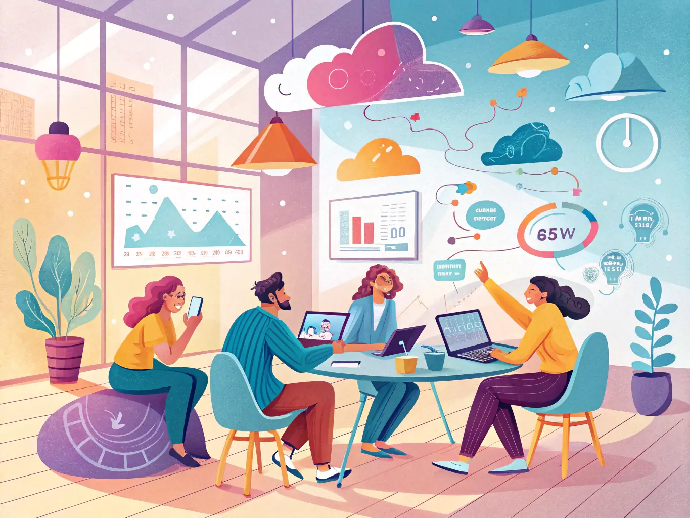 An image showcasing a collaborative workspace filled with young entrepreneurs brainstorming and working on projects, representing the 'Growing' Ecosystem Archetype.