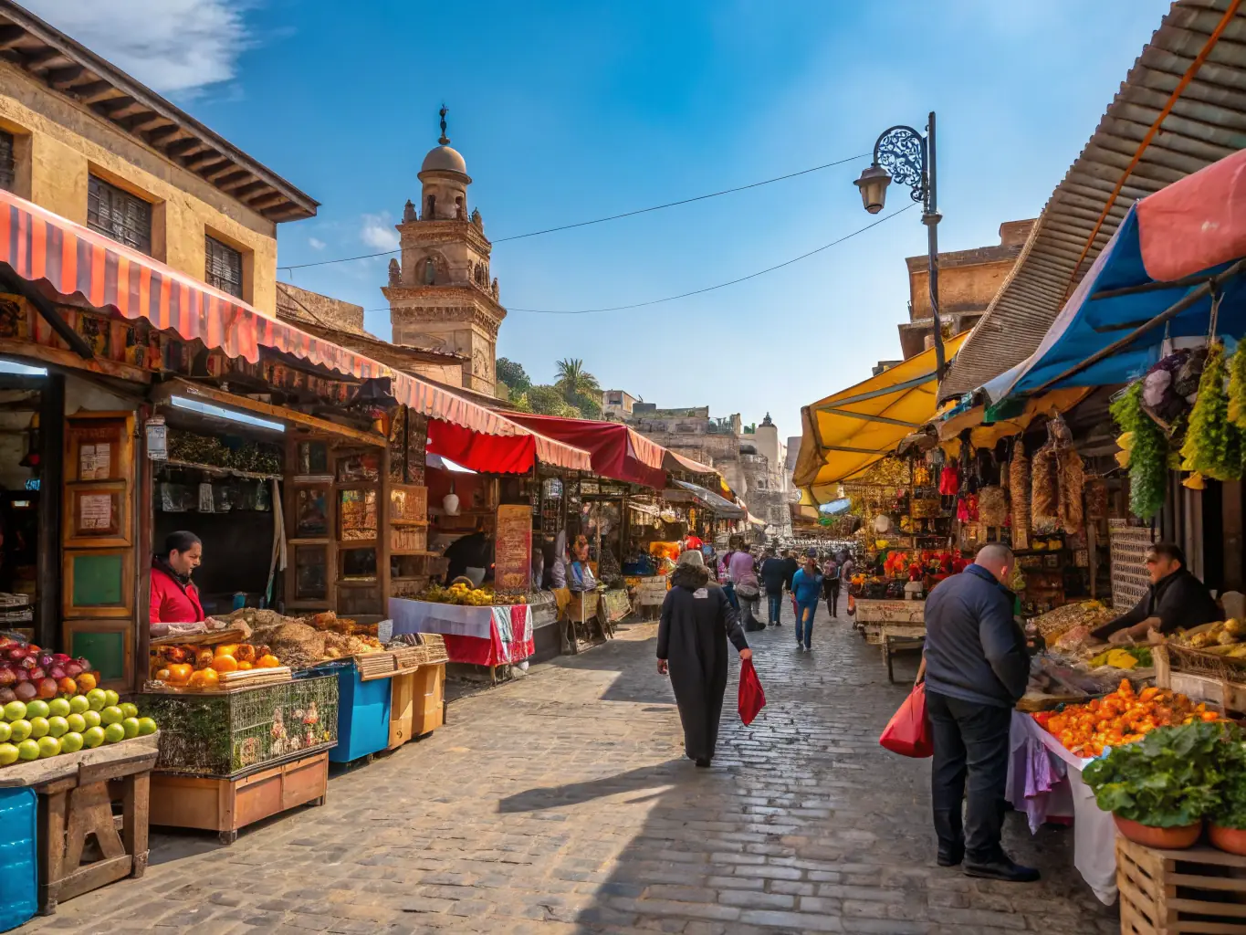A vibrant image depicting a bustling community marketplace, symbolizing the 'Emerging' Ecosystem Archetype, where initial entrepreneurial activities are starting to take root.